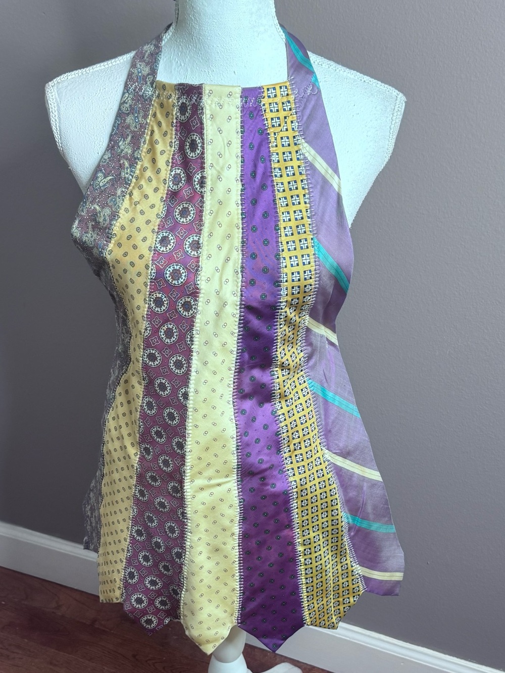 Handmade Tie Patchwork Striped Apron/Halter Top Purple Yellow Cream